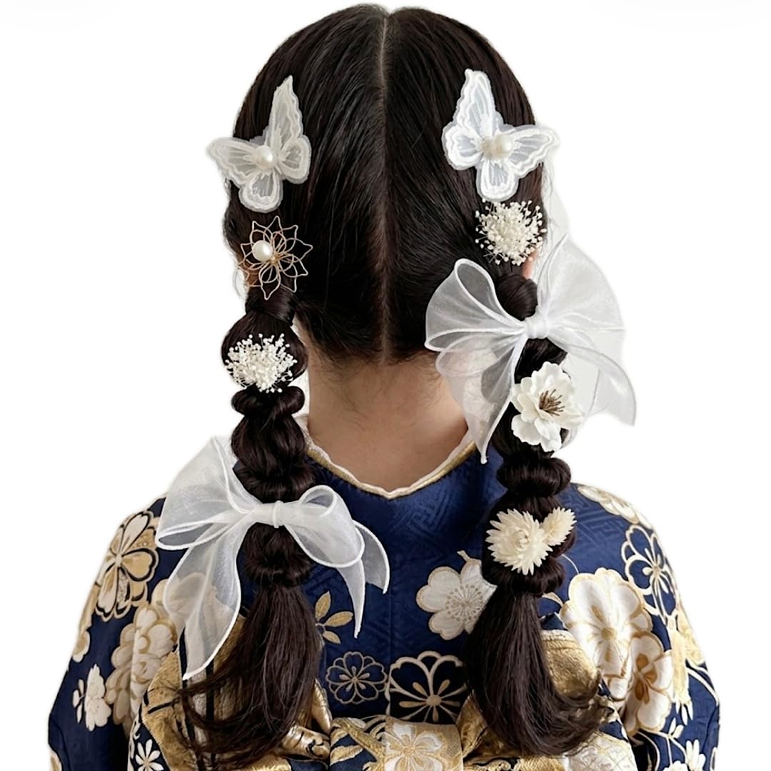 確認　ヘアゴム ヘアリボン　ツインテール　175　ベロア 白 Amazon.co.jp: flower studio no107 蝶々とリボンのツインテール髪飾り